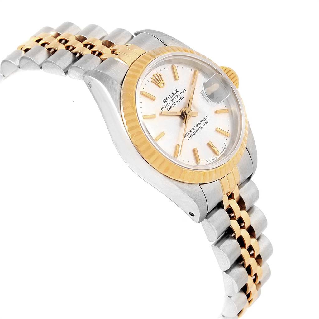 The image shows a side angle of a Rolex Datejust 69173 Women's Stainless Steel Silver Dial 69173 Women's Stainless Steel Silver Dial watch, highlighting its bezel, dial, and two-tone bracelet.