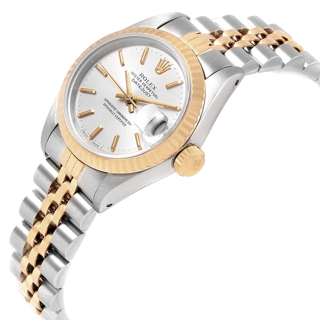 This image shows a Rolex Datejust 69173 Women's Stainless Steel Silver Dial 69173 Women's Stainless Steel Silver Dial watch angled to display its face, bezel, crown, and part of the bracelet.