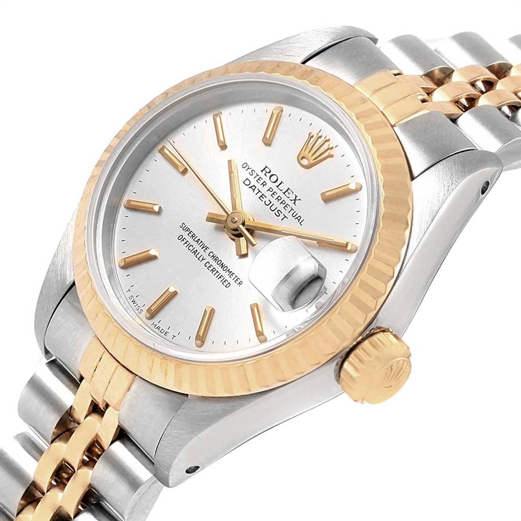 This image shows a Rolex Datejust 69173 Women's Stainless Steel Silver Dial 69173 Women's Stainless Steel Silver Dial watch at an angle showcasing its dial, crown, and part of the two-tone bracelet.