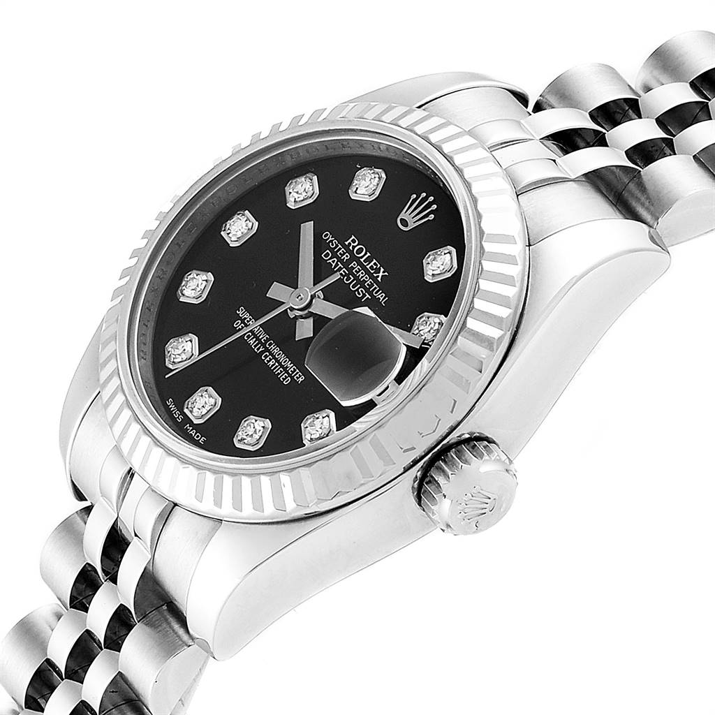 The image shows a Rolex Datejust 179174 Women
s Stainless Steel Black Dial 179174 Women
s Stainless Steel Black Dial watch from an oblique angle, highlighting the dial, bezel, crown, and bracelet.