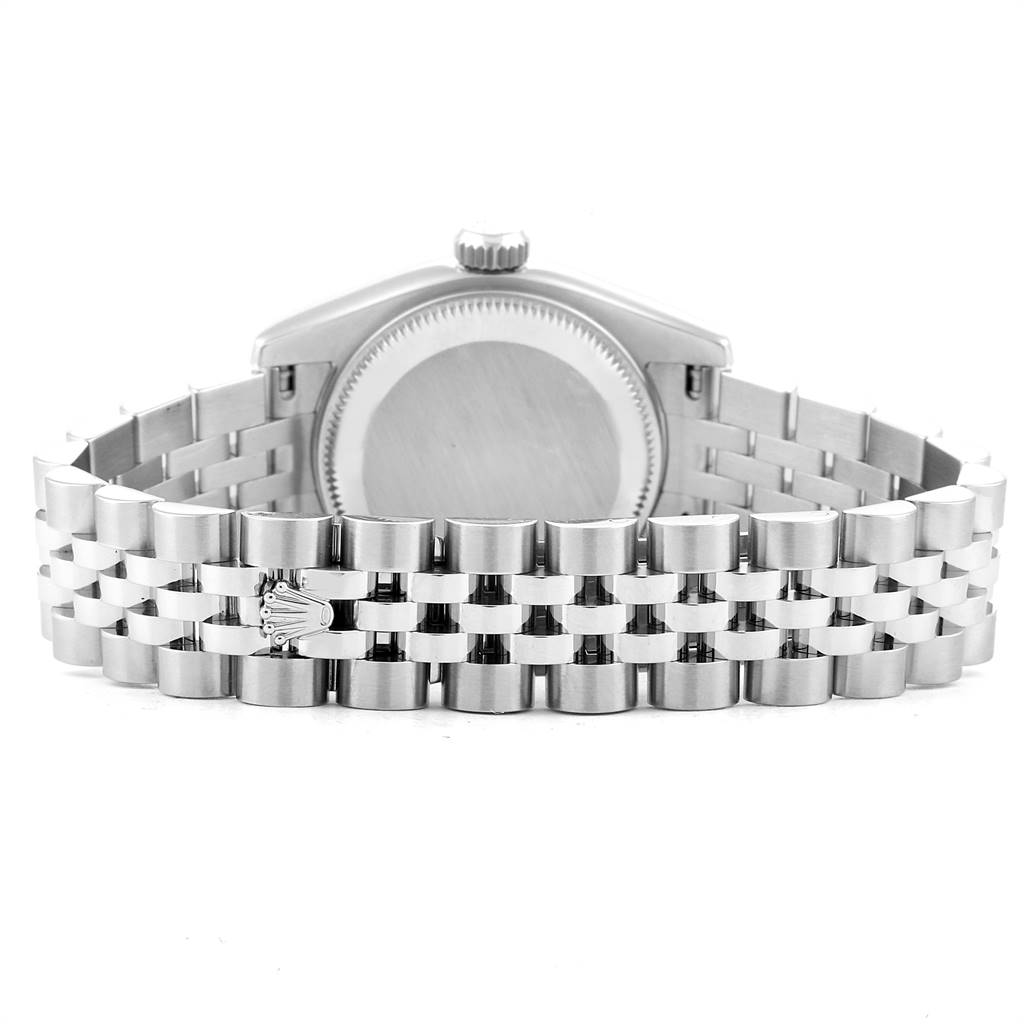 This image shows the back view of a Rolex Datejust 179174 Women
s Stainless Steel Black Dial 179174 Women
s Stainless Steel Black Dial watch, focusing on its case back and Jubilee bracelet.