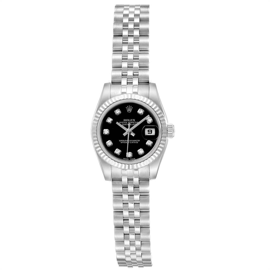 This image shows a Rolex Datejust 179174 Women
s Stainless Steel Black Dial 179174 Women
s Stainless Steel Black Dial watch from a top-down angle, displaying the watch face, case, and bracelet.