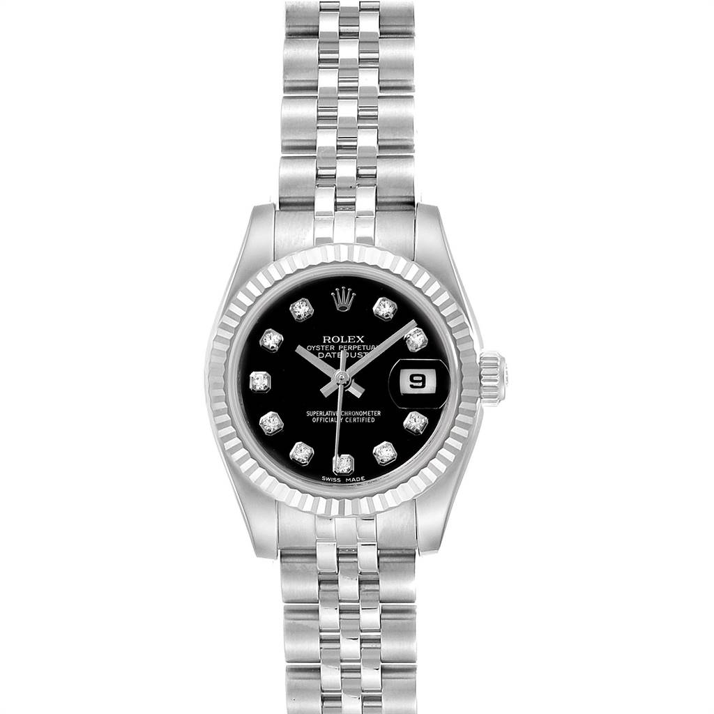 The image shows a front view of the Datejust model Rolex watch, highlighting its dial, bracelet, and date display.