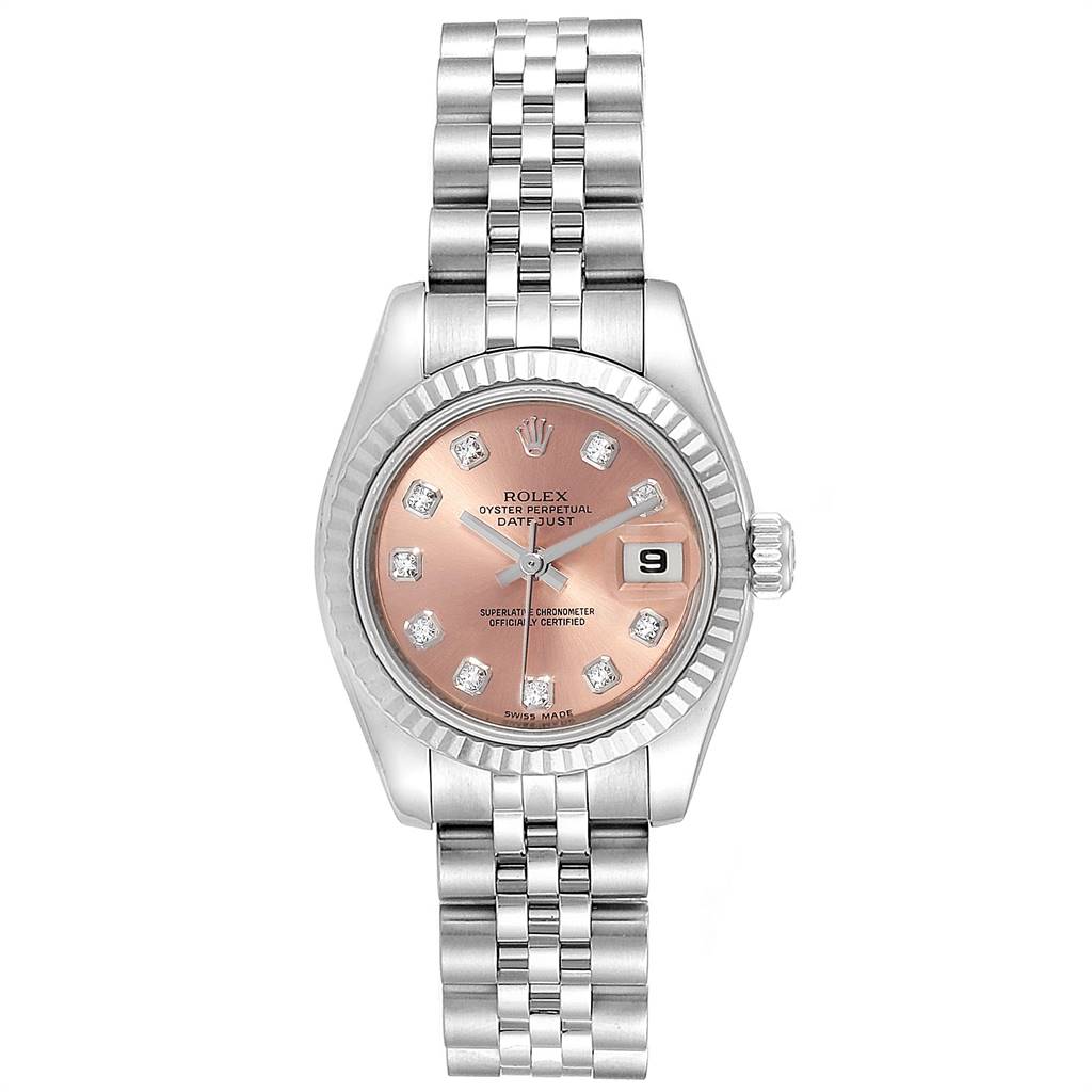 The image shows a Rolex Datejust 179174 Women's Stainless Steel Pink Dial 179174 Women's Stainless Steel Pink Dial watch from a front angle, featuring its face, bezel, and bracelet.