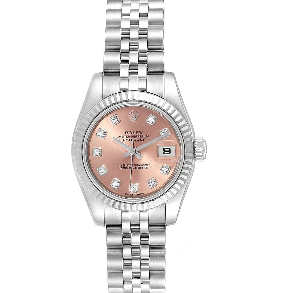 The image shows a front view of the Rolex Datejust 179174 Women's Stainless Steel Pink Dial 179174 Women's Stainless Steel Pink Dial watch with a pink dial, diamond hour markers, and a stainless steel bracelet.
