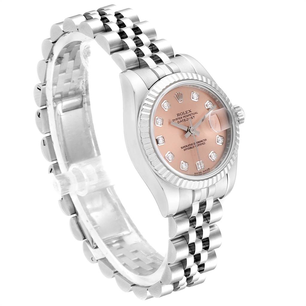 The image shows a Rolex Datejust 179174 Women's Stainless Steel Pink Dial 179174 Women's Stainless Steel Pink Dial watch from an angled side view, displaying its face, bezel, and bracelet.