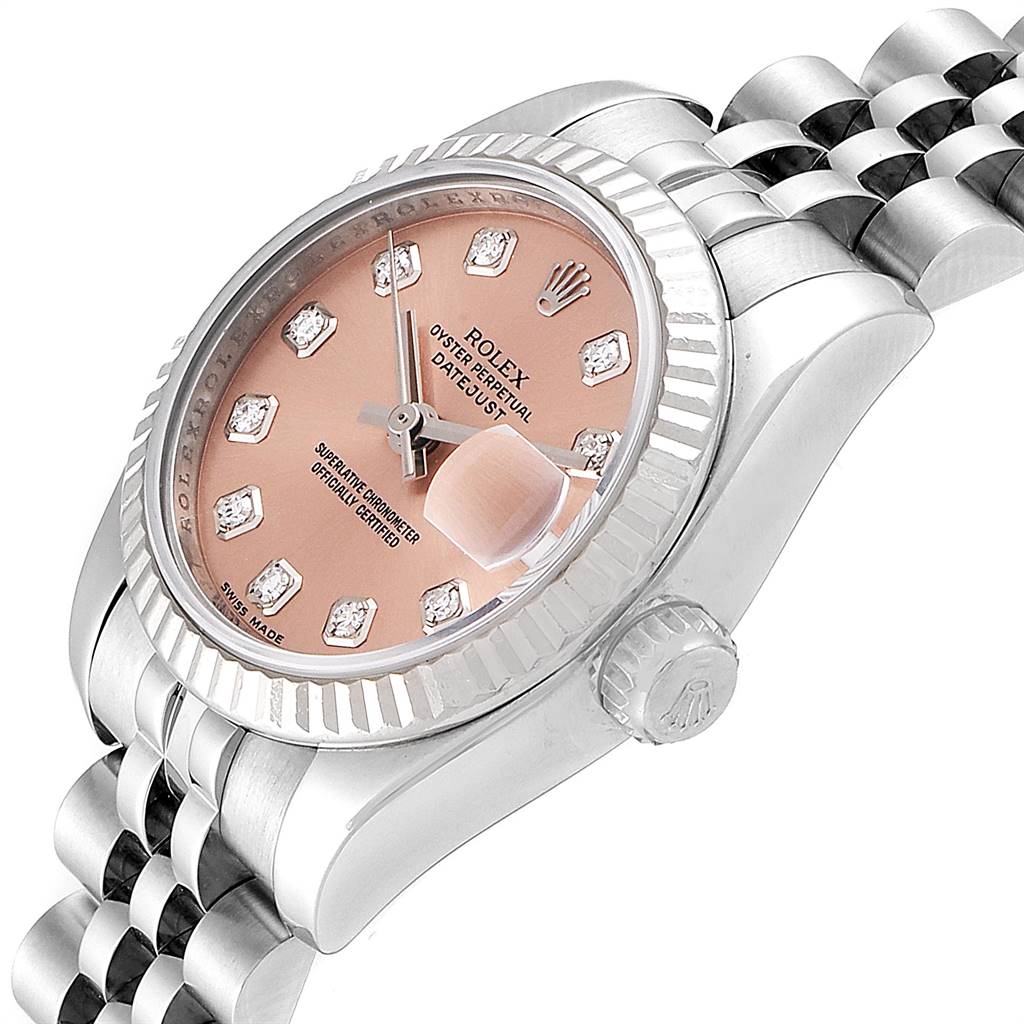 This image shows a side and partial top view of a Rolex Datejust 179174 Women's Stainless Steel Pink Dial 179174 Women's Stainless Steel Pink Dial watch, highlighting the face, crown, and bracelet.