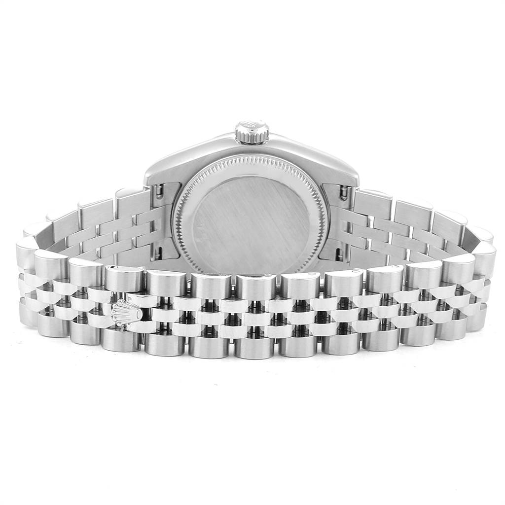 The image shows the back case and Jubilee bracelet of a Rolex Datejust 179174 Women's Stainless Steel Pink Dial 179174 Women's Stainless Steel Pink Dial watch.