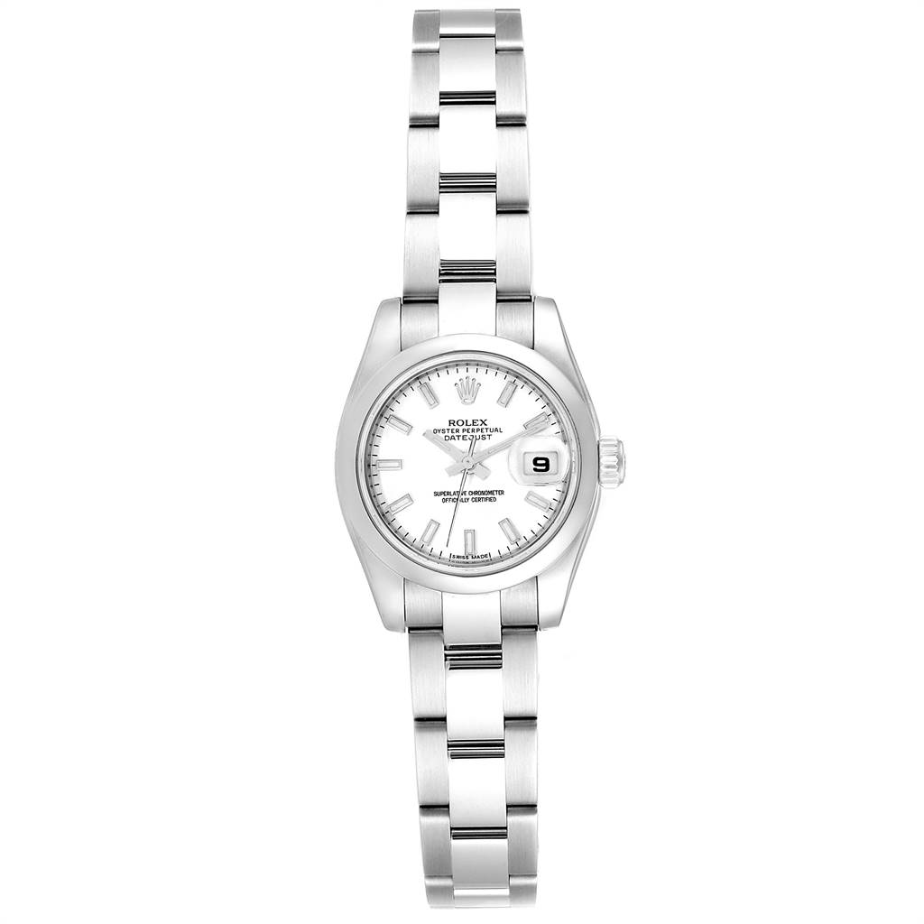 This image shows a front view of a white Rolex Datejust 179160 Women's Stainless Steel White Dial 179160 Women's Stainless Steel White Dial with a stainless steel bracelet and a date window at 3 o'clock.