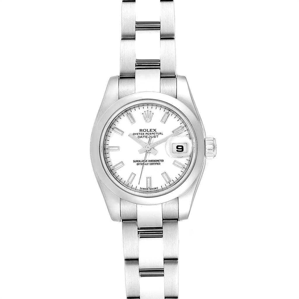 The image shows a front view of a Rolex Datejust 179160 Women's Stainless Steel White Dial 179160 Women's Stainless Steel White Dial watch, displaying the dial, crown, and part of the bracelet.