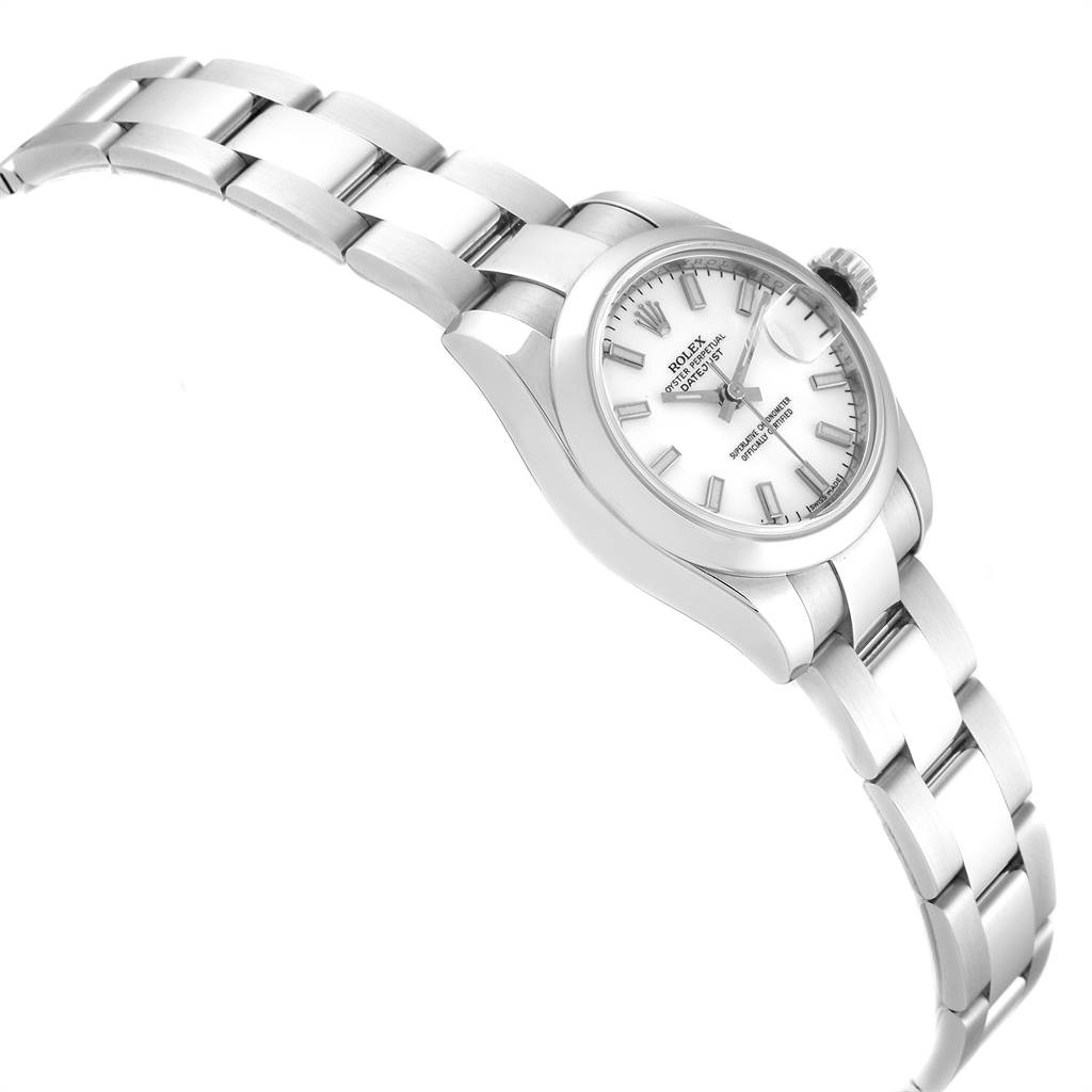 The image shows a Rolex Datejust 179160 Women's Stainless Steel White Dial 179160 Women's Stainless Steel White Dial model watch from an angled side view, highlighting the bracelet and watch face.