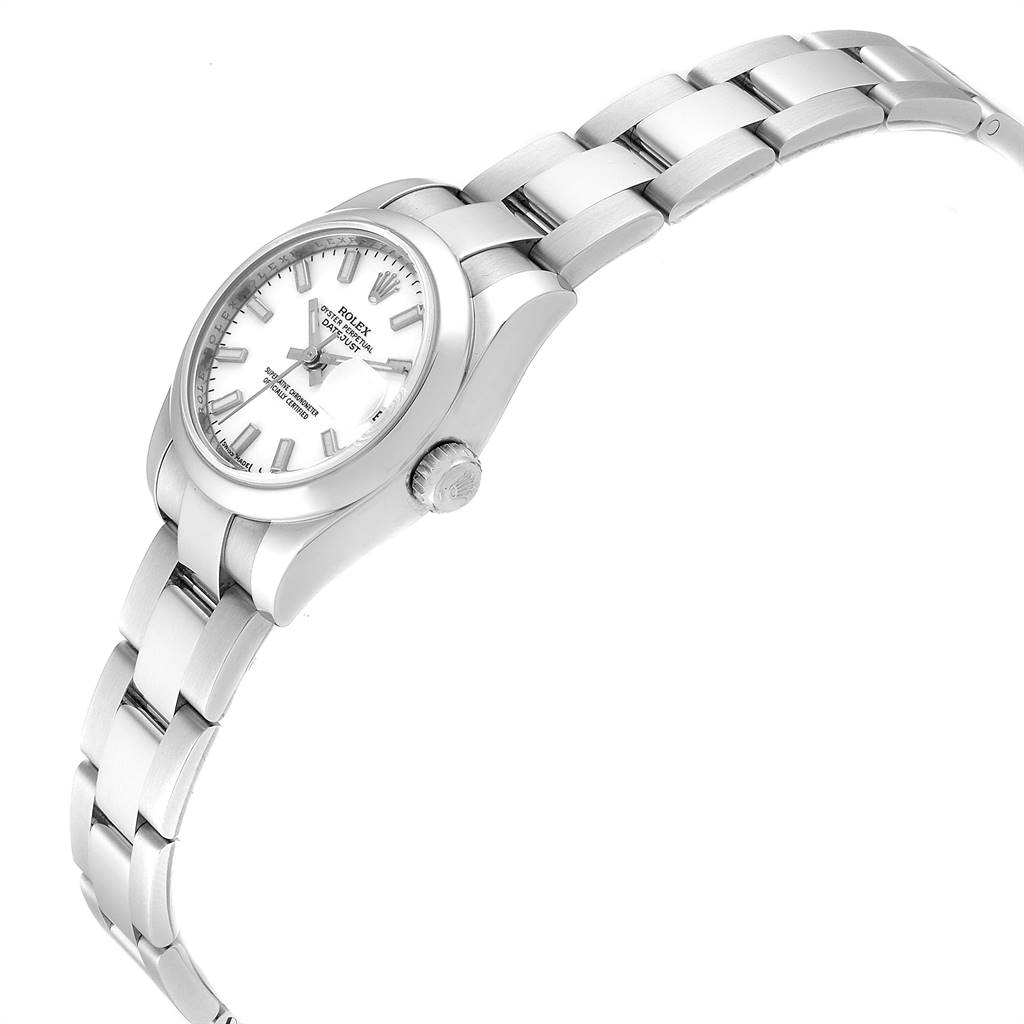 The image shows a side angle of the Rolex Datejust 179160 Women's Stainless Steel White Dial 179160 Women's Stainless Steel White Dial model, highlighting the watch face, crown, and bracelet.