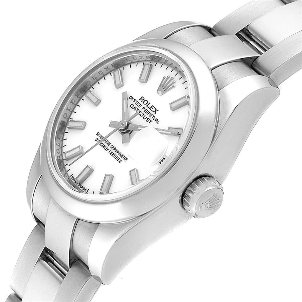 This Rolex Datejust 179160 Women's Stainless Steel White Dial 179160 Women's Stainless Steel White Dial watch is shown at an angled close-up view, displaying the dial, crown, and part of the bracelet.