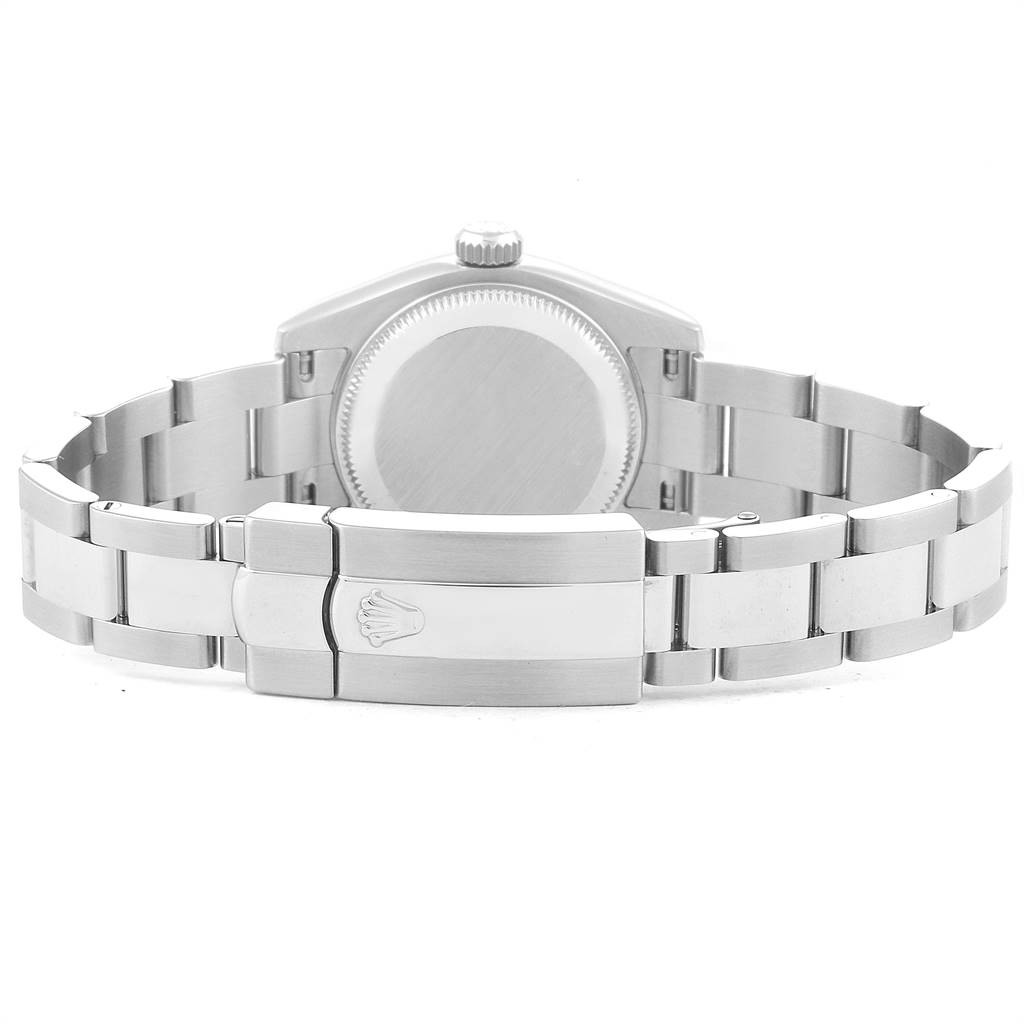 The image shows the back view of a Rolex Datejust 179160 Women's Stainless Steel White Dial 179160 Women's Stainless Steel White Dial watch, focusing on the clasp and bracelet.