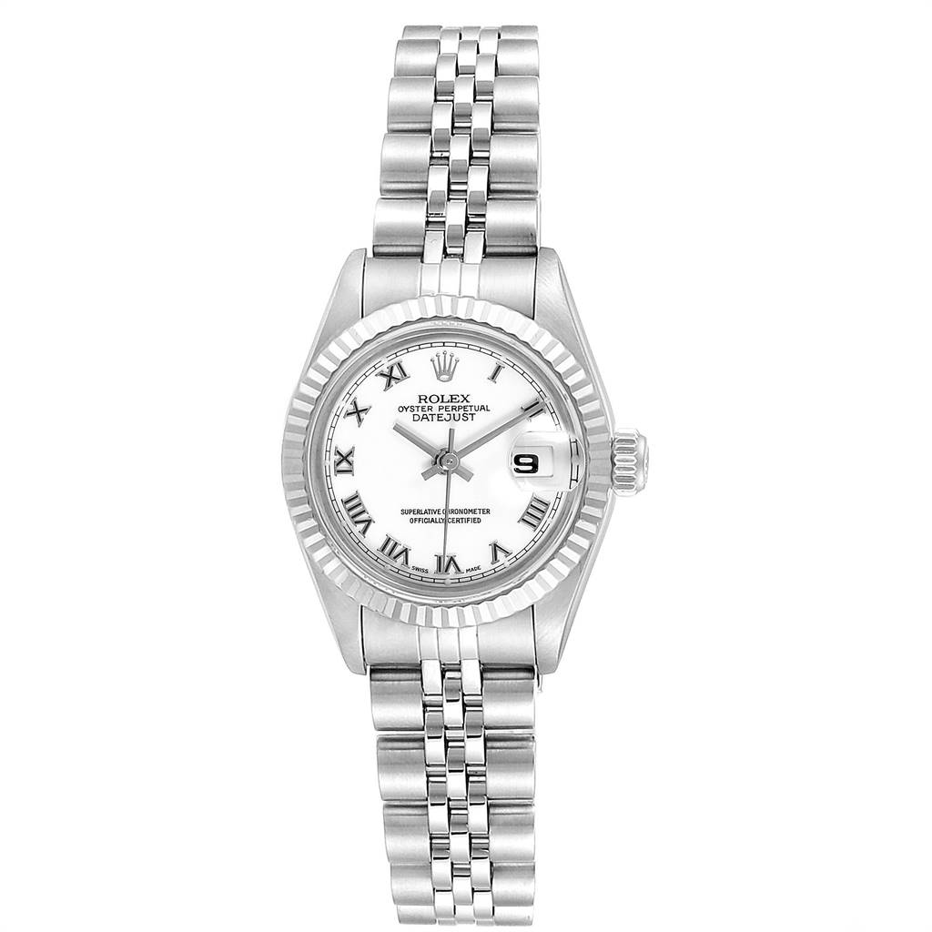 The Rolex Datejust 69174 Women's Stainless Steel White Dial 69174 Women's Stainless Steel White Dial watch is shown from the front, displaying the face, bezel, and bracelet.