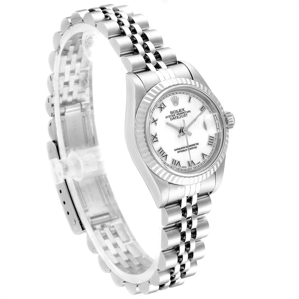 The Rolex Datejust 69174 Women's Stainless Steel White Dial 69174 Women's Stainless Steel White Dial model watch is shown at an angle highlighting the bracelet, bezel, dial, and crown.