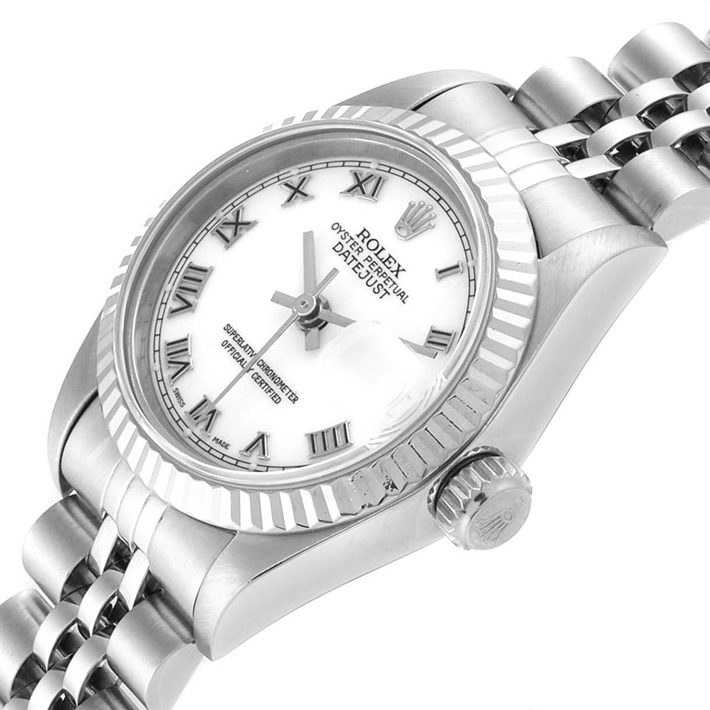 The Rolex Datejust 69174 Women's Stainless Steel White Dial 69174 Women's Stainless Steel White Dial watch is shown from an oblique angle, highlighting the dial, crown, and part of the bracelet.