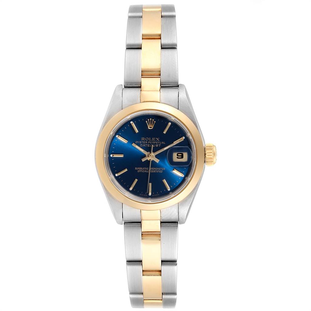 This Rolex Datejust 69163 Women
s Stainless Steel Blue Dial 69163 Women
s Stainless Steel Blue Dial watch is shown from the front, featuring the dial, bezel, and bracelet.