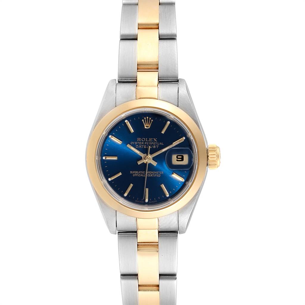 This is a front view of the Rolex Datejust 69163 Women
s Stainless Steel Blue Dial 69163 Women
s Stainless Steel Blue Dial watch, showing the face, bezel, crown, and bracelet.