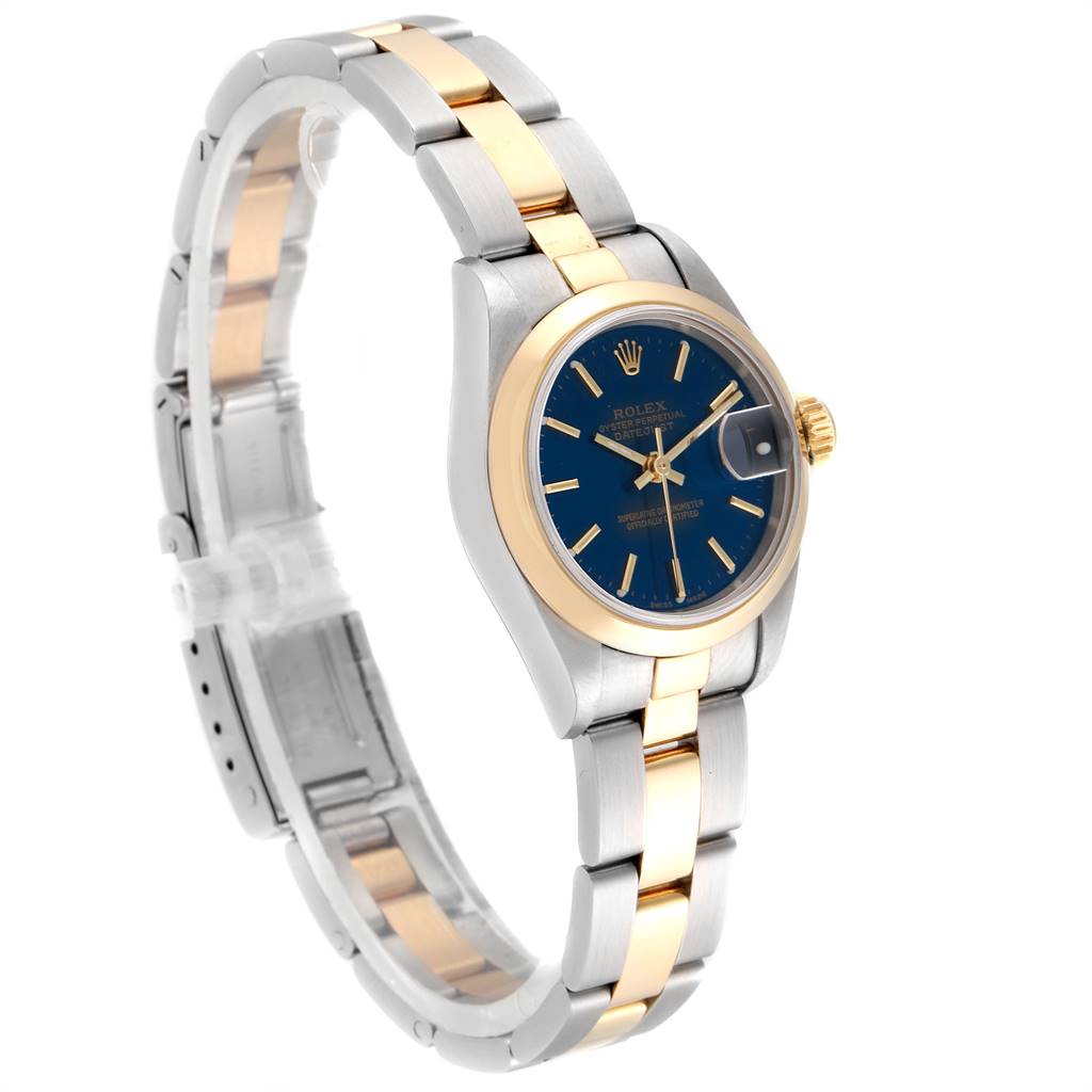 The image shows a Rolex Datejust 69163 Women
s Stainless Steel Blue Dial 69163 Women
s Stainless Steel Blue Dial watch, angled to display the face, bezel, and two-tone bracelet.