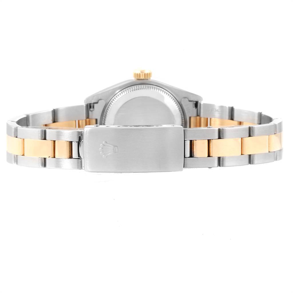 The image shows the back view of the two-tone bracelet and clasp of a Rolex Datejust 69163 Women
s Stainless Steel Blue Dial 69163 Women
s Stainless Steel Blue Dial watch.