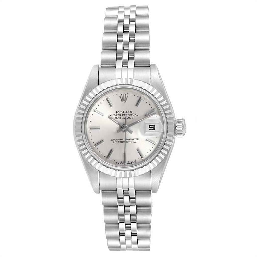 This image shows a front view of a Rolex Datejust 69174 Women's Stainless Steel Silver Dial 69174 Women's Stainless Steel Silver Dial watch, featuring its face, bezel, crown, and bracelet.