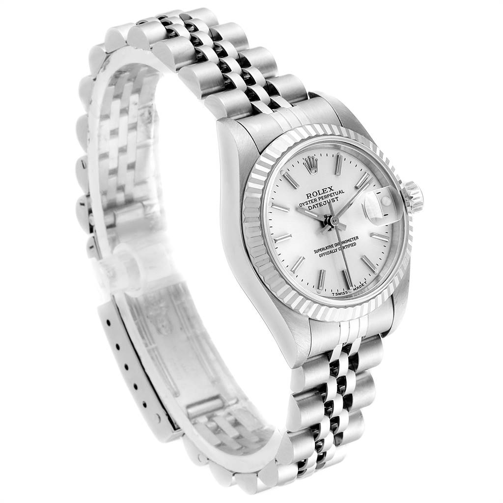 The Rolex Datejust 69174 Women's Stainless Steel Silver Dial 69174 Women's Stainless Steel Silver Dial watch is shown at a three-quarter angle, showcasing its face, bezel, and bracelet.