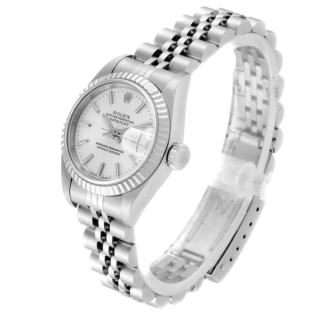 The image shows a side angle of a Rolex Datejust 69174 Women's Stainless Steel Silver Dial 69174 Women's Stainless Steel Silver Dial watch, displaying its face, bezel, crown, and bracelet.