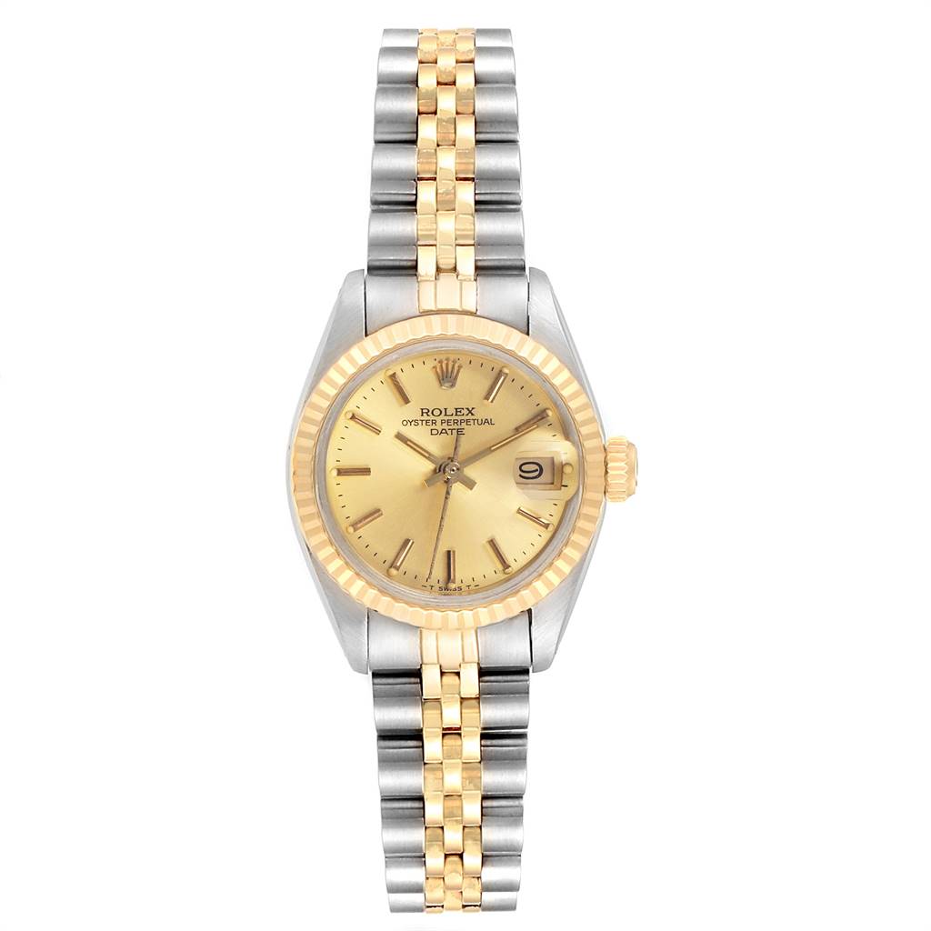 This image shows a front view of a Rolex Datejust 6917 Women's Steel and Gold (two tone) Champagne Dial 6917 Women's Steel and Gold (two tone) Champagne Dial watch, showcasing the face, dial, and two-tone bracelet.