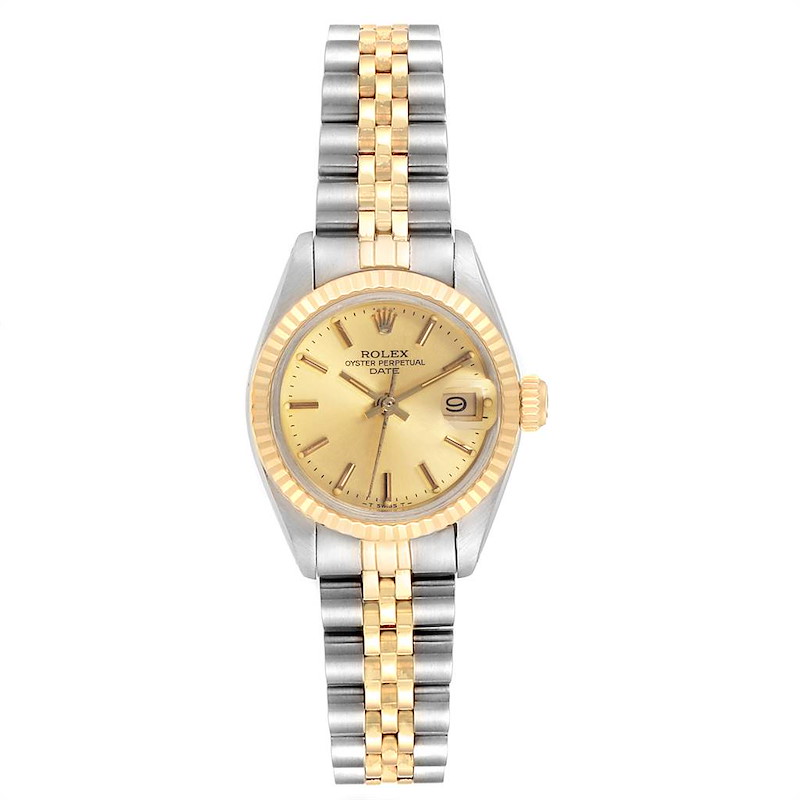 Rolex Date Steel Yellow Gold Fluted Bezel Ladies Watch 6917 SwissWatchExpo