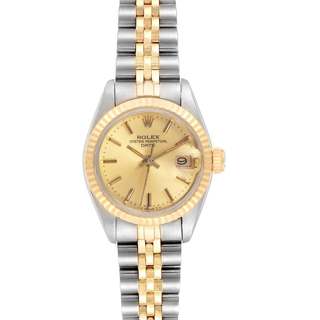 The image shows a Rolex Datejust 6917 Women's Steel and Gold (two tone) Champagne Dial 6917 Women's Steel and Gold (two tone) Champagne Dial watch from a top-down angle, displaying the face, bezel, and the full bracelet.