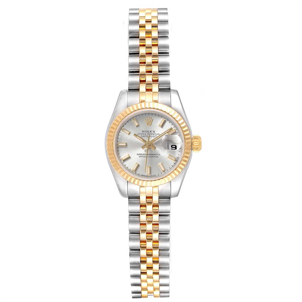 The image shows a front view of a Rolex Datejust 179173 Women's Steel and Gold (two tone) Silver Dial 179173 Women's Steel and Gold (two tone) Silver Dial watch featuring a two-tone bracelet and a fluted bezel.