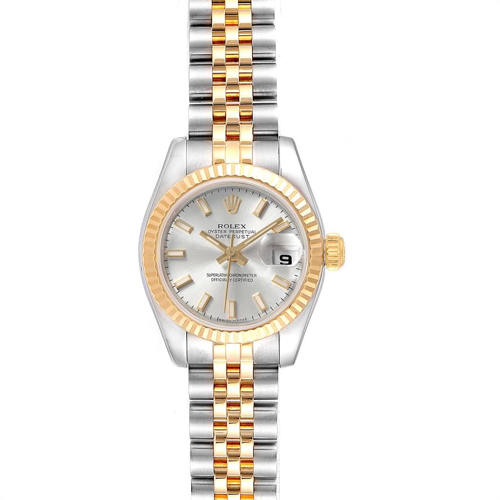 This image shows a frontal view of a Rolex Datejust 179173 Women's Steel and Gold (two tone) Silver Dial 179173 Women's Steel and Gold (two tone) Silver Dial watch, highlighting the dial, bezel, crown, and two-tone bracelet.