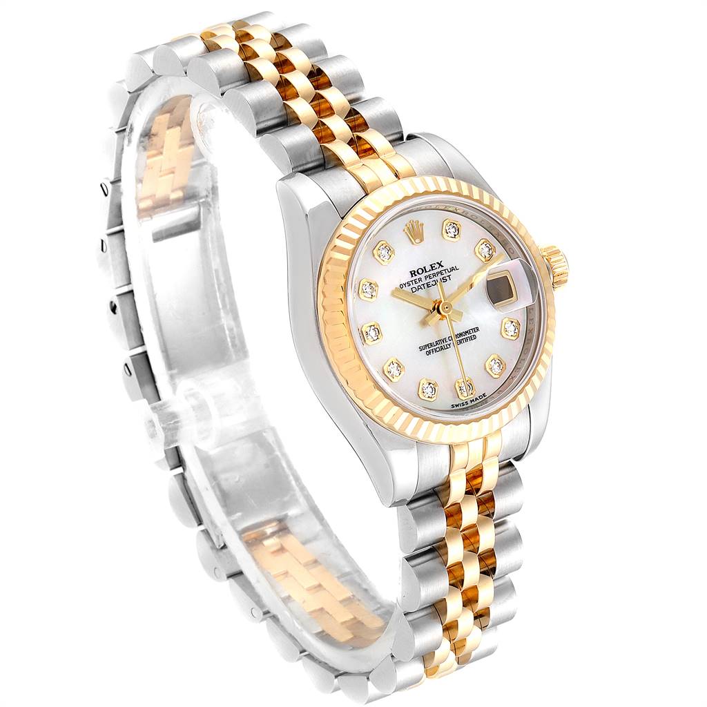 The image shows a Rolex Datejust 179173 Women's Steel and Gold (two tone) Mother of Pearl Dial 179173 Women's Steel and Gold (two tone) Mother of Pearl Dial watch at an angle revealing the face, bezel, and two-tone bracelet.