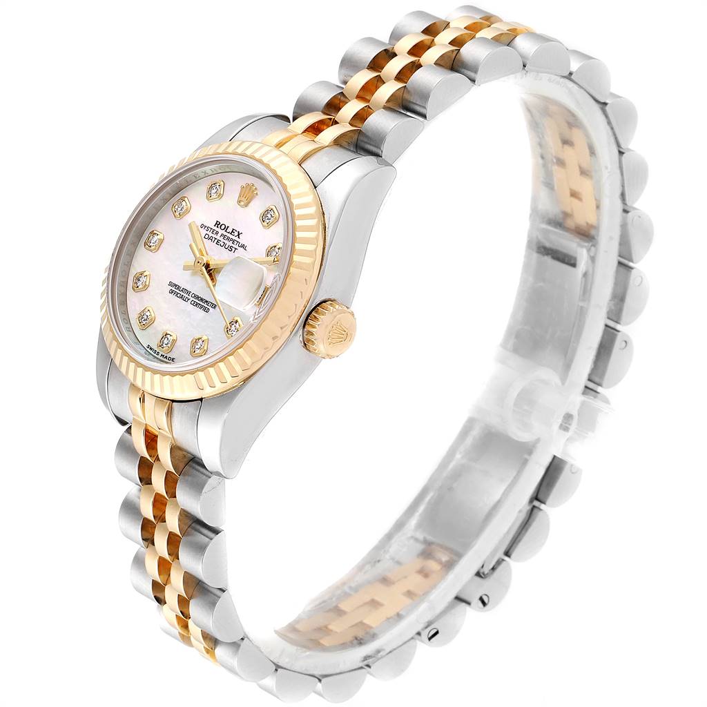 This image shows a Rolex Datejust 179173 Women's Steel and Gold (two tone) Mother of Pearl Dial 179173 Women's Steel and Gold (two tone) Mother of Pearl Dial watch at a slight angle, highlighting its face, bezel, crown, and two-tone bracelet.
