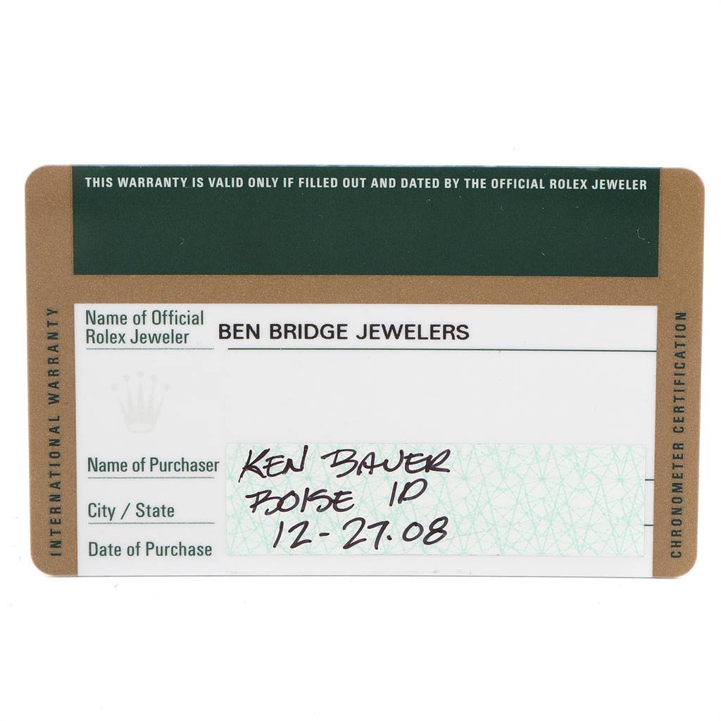 This image shows the warranty card for a Rolex Datejust 179173 Women's Steel and Gold (two tone) Mother of Pearl Dial 179173 Women's Steel and Gold (two tone) Mother of Pearl Dial watch, displaying purchase details and the jeweler's information.