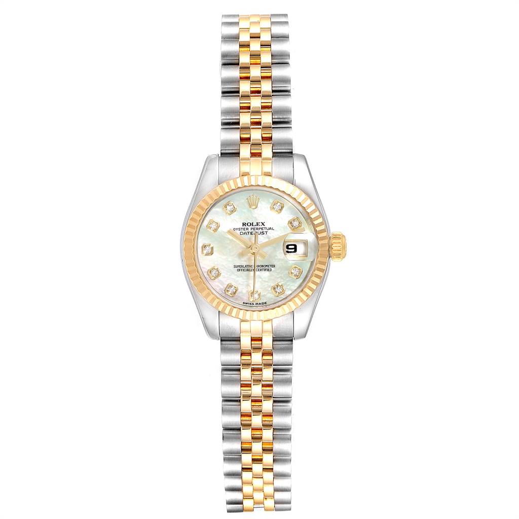 This is a Rolex Datejust 179173 Women's Steel and Gold (two tone) Mother of Pearl Dial 179173 Women's Steel and Gold (two tone) Mother of Pearl Dial watch shown from a top-down angle, displaying its face, bezel, and two-tone bracelet.