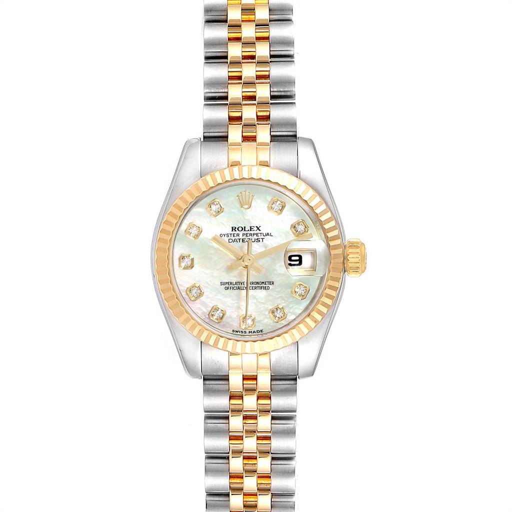 This image shows a Rolex Datejust 179173 Women's Steel and Gold (two tone) Mother of Pearl Dial 179173 Women's Steel and Gold (two tone) Mother of Pearl Dial watch from a straight-on angle, highlighting its dial, hands, bracelet, and date window.
