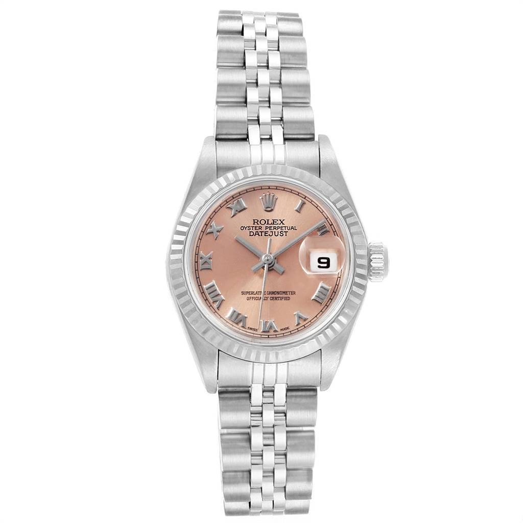This image shows a front view of the Rolex Datejust 69174 Women's Stainless Steel Pink Dial 69174 Women's Stainless Steel Pink Dial watch, displaying its dial, bezel, and bracelet.