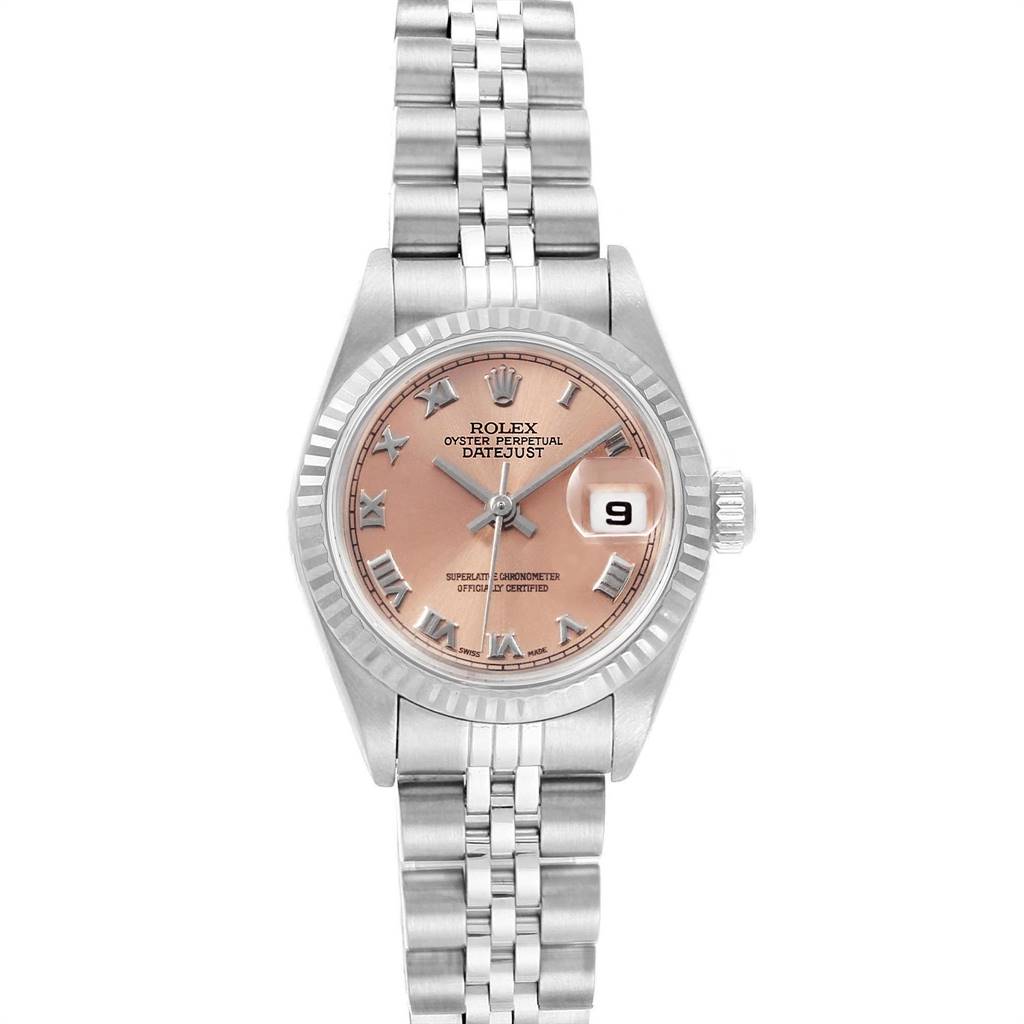 The Rolex Datejust 69174 Women's Stainless Steel Pink Dial 69174 Women's Stainless Steel Pink Dial watch is shown in a straight-on view, displaying the dial, date window, crown, and bracelet in full.