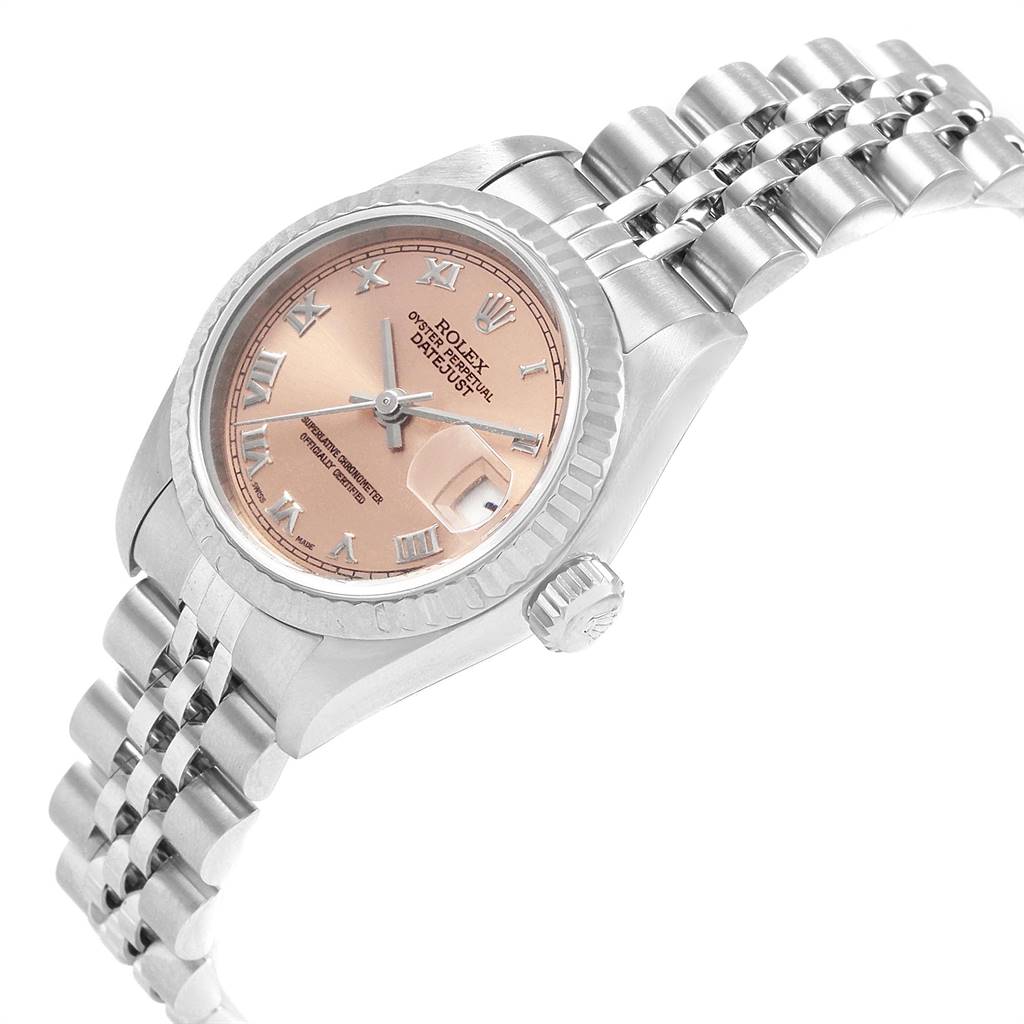The image shows a Rolex Datejust 69174 Women's Stainless Steel Pink Dial 69174 Women's Stainless Steel Pink Dial model from an angled top view, displaying the dial, bezel, crown, and bracelet.