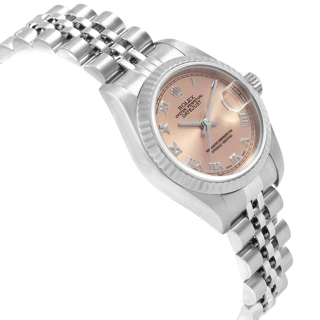 The image shows a side-angle view of a Rolex Datejust 69174 Women's Stainless Steel Pink Dial 69174 Women's Stainless Steel Pink Dial watch, highlighting its dial, bezel, and Jubilee bracelet.