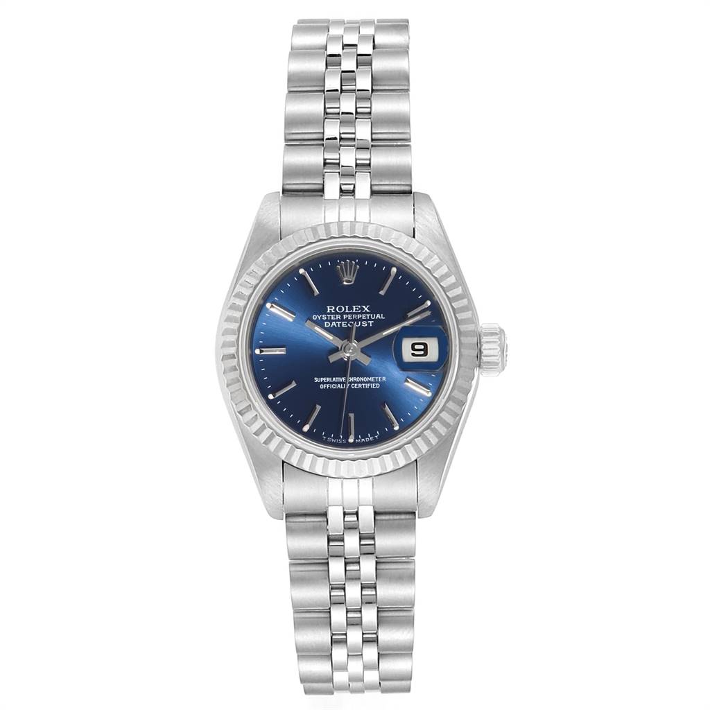 The Rolex Datejust 69174 Women's Stainless Steel Blue Dial 69174 Women's Stainless Steel Blue Dial watch is shown from a top-down angle, highlighting the blue dial, fluted bezel, and Jubilee bracelet.