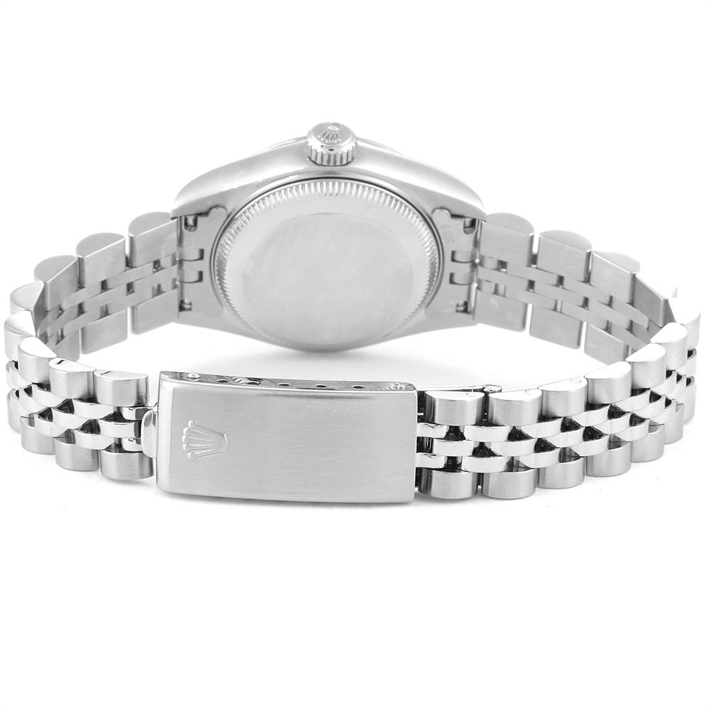 This image shows the back view of a Rolex Datejust 69174 Women's Stainless Steel Blue Dial 69174 Women's Stainless Steel Blue Dial watch, highlighting the case back and the jubilee bracelet with the clasp.