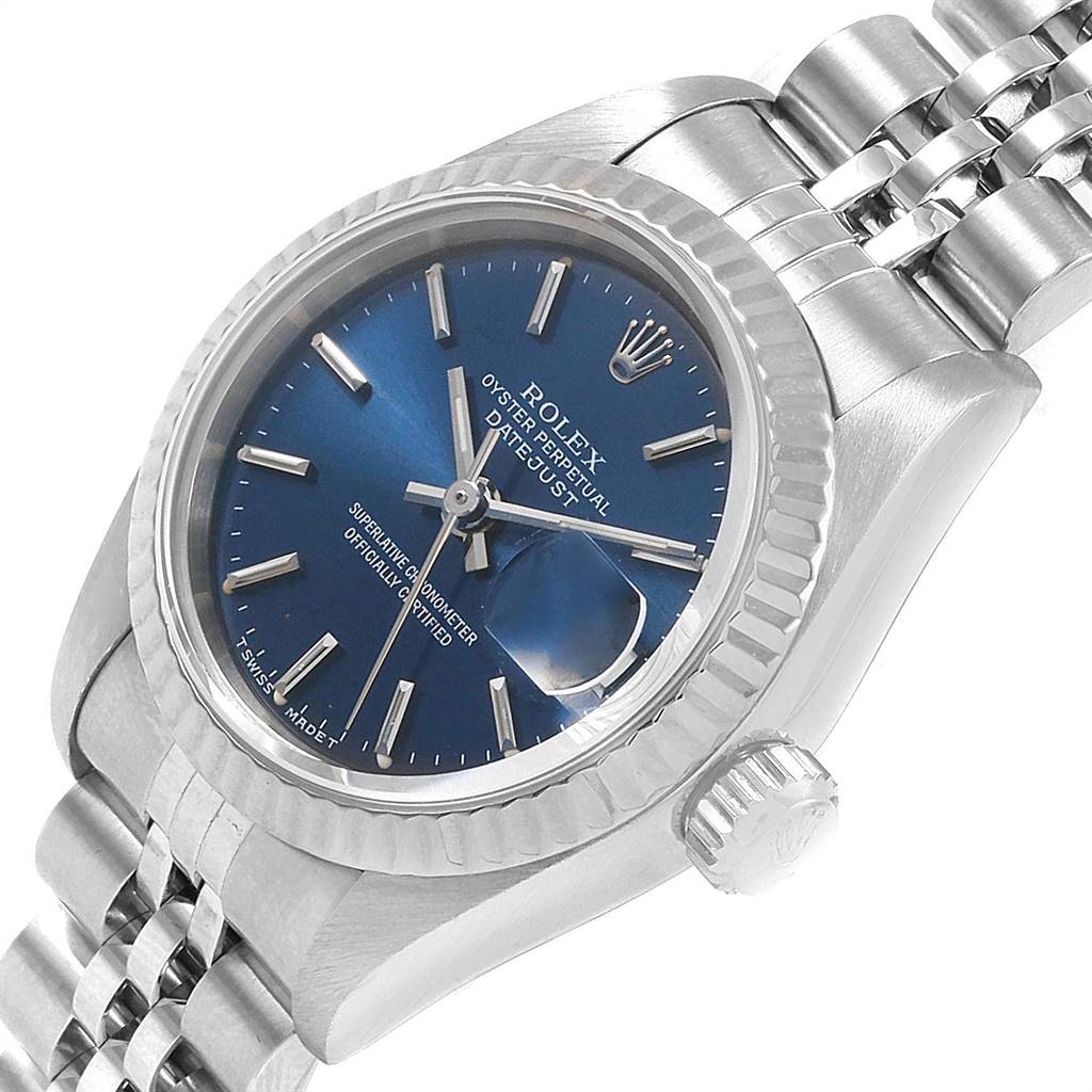 The image shows a close-up of a Rolex Datejust 69174 Women's Stainless Steel Blue Dial 69174 Women's Stainless Steel Blue Dial watch face and bracelet from an angled top-side view.