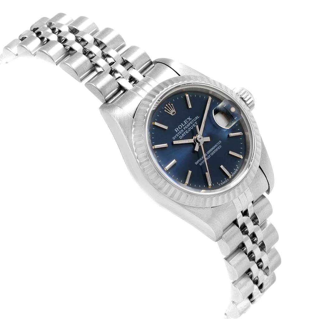 This image shows a Rolex Datejust 69174 Women's Stainless Steel Blue Dial 69174 Women's Stainless Steel Blue Dial watch from an angled view, displaying the dial, bezel, and bracelet.