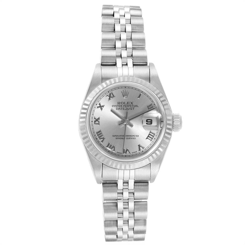 This Rolex Datejust 69174 Women's Stainless Steel Grey Dial 69174 Women's Stainless Steel Grey Dial watch is shown from a front angle, displaying its face, bracelet, and crown.