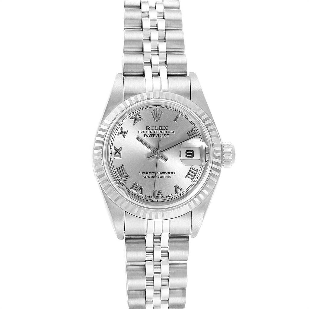 The image shows a front view of the Rolex Datejust 69174 Women's Stainless Steel Grey Dial 69174 Women's Stainless Steel Grey Dial watch, highlighting its dial, bracelet, and date display.