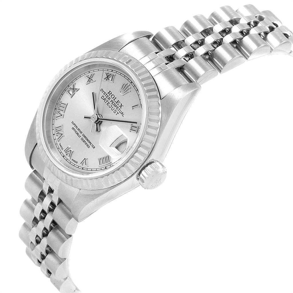 The image shows a close-up side angle of a Rolex Datejust 69174 Women's Stainless Steel Grey Dial 69174 Women's Stainless Steel Grey Dial watch, highlighting the face, bezel, crown, and bracelet.