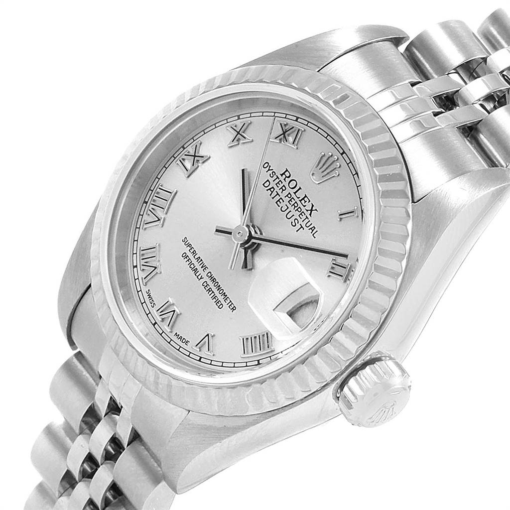 The image shows a close-up angled view of the Rolex Datejust 69174 Women's Stainless Steel Grey Dial 69174 Women's Stainless Steel Grey Dial watch, highlighting the face, bezel, crown, and part of the bracelet.